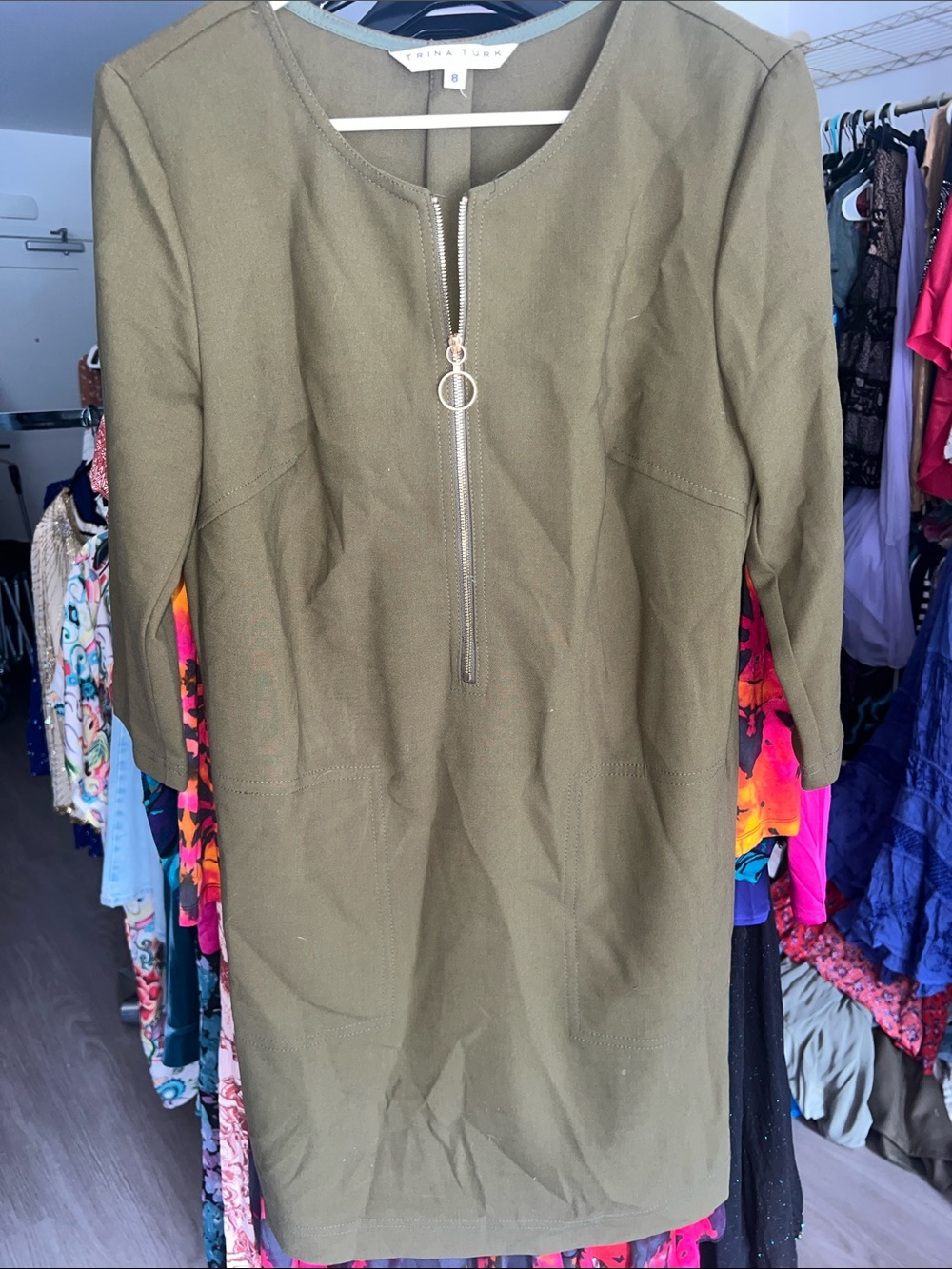 70s mod style Trina Turk  Zip-Front Midi shift Dress with pockets